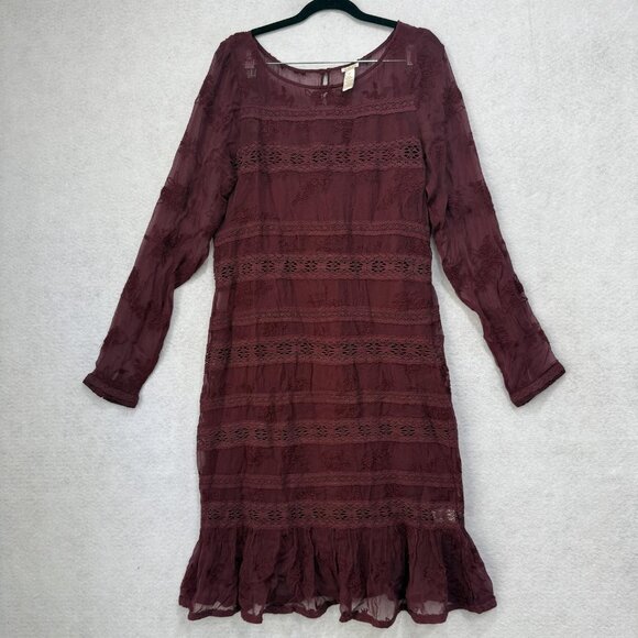 Sundance Dress Womens 12 Burgundy Long Sleeve Sheer Embroidered Lace Boho Midi - Picture 1 of 8